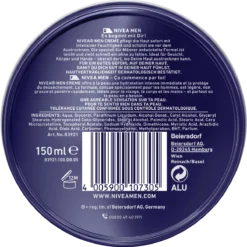 Nivea Men Cream, 150ml NIVEA MEN Cream 150 ml – back view of the tin