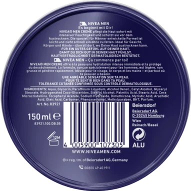 Nivea Men Cream, 150ml NIVEA MEN Cream 150 ml – back view of the tin