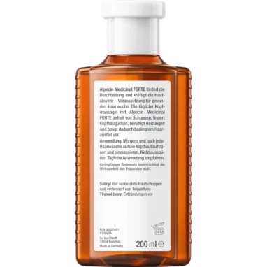 Alpecin Medicinal Forte Intensive Scalp & Hair Tonic, 200ml Alpecin Medicinal Forte Intensive scalp & hair tonic back label with ingredients and instructions