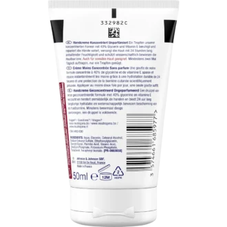 Back of Neutrogena Norwegian Formula Concentrated Fragrance-Free Hand Cream 50 ml showing ingredients and product information