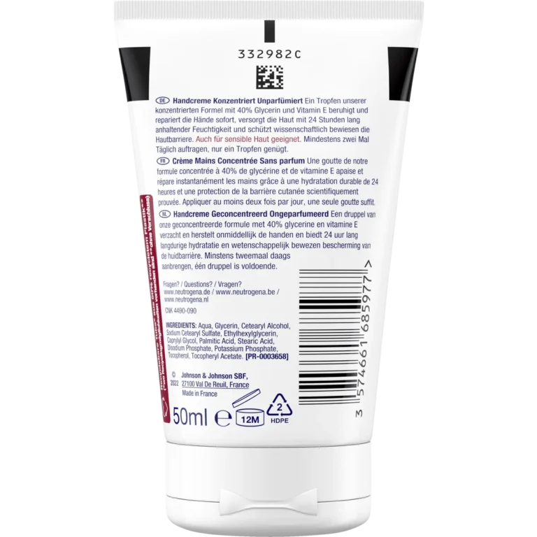 Back of Neutrogena Norwegian Formula Concentrated Fragrance-Free Hand Cream 50 ml showing ingredients and product information