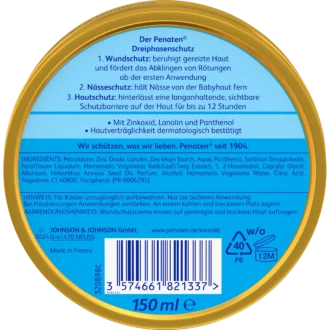 Penaten Baby Protective Cream back label with zinc oxide, panthenol and diaper rash protection details