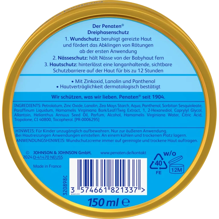 Penaten Baby Protective Cream back label with zinc oxide, panthenol and diaper rash protection details