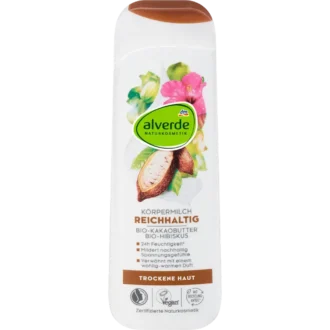 alverde rich body milk with organic cocoa butter and hibiscus, front packaging