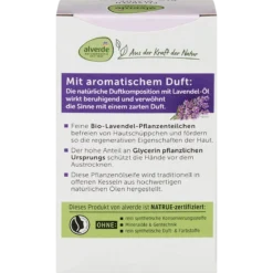 Back of Alverde Lavender Plant Oil Soap 100 g showing ingredients and product information