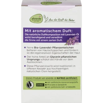 Back of Alverde Lavender Plant Oil Soap 100 g showing ingredients and product information
