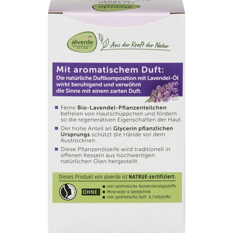 Back of Alverde Lavender Plant Oil Soap 100 g showing ingredients and product information