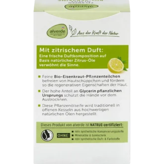 Back of Alverde Verbena Plant Oil Soap 100 g showing ingredients and product information