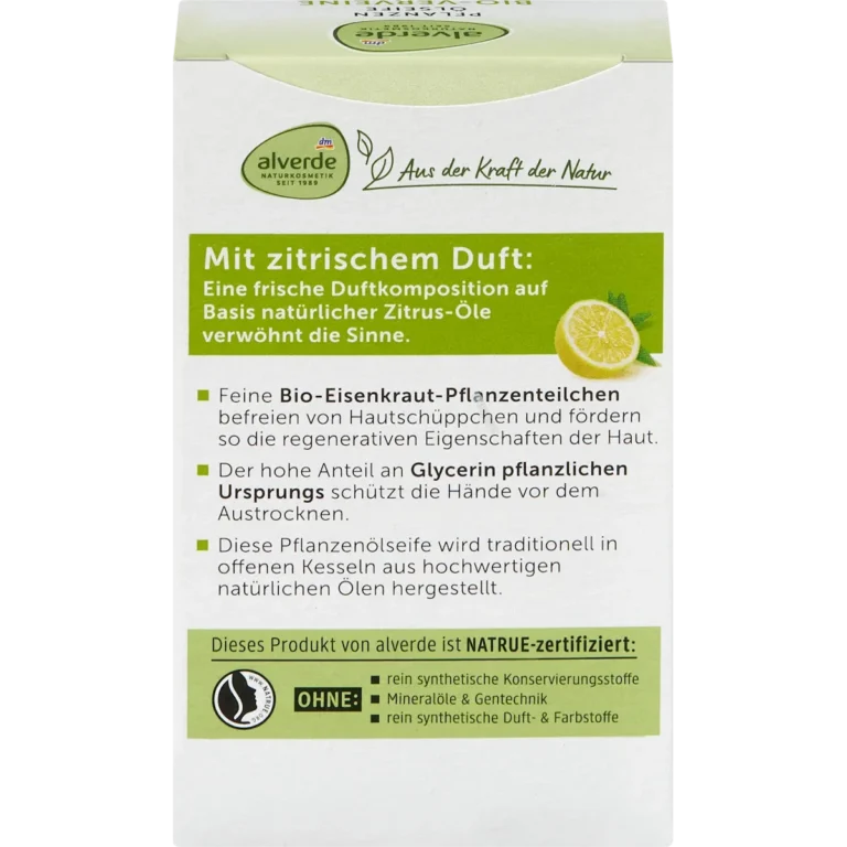 Back of Alverde Verbena Plant Oil Soap 100 g showing ingredients and product information
