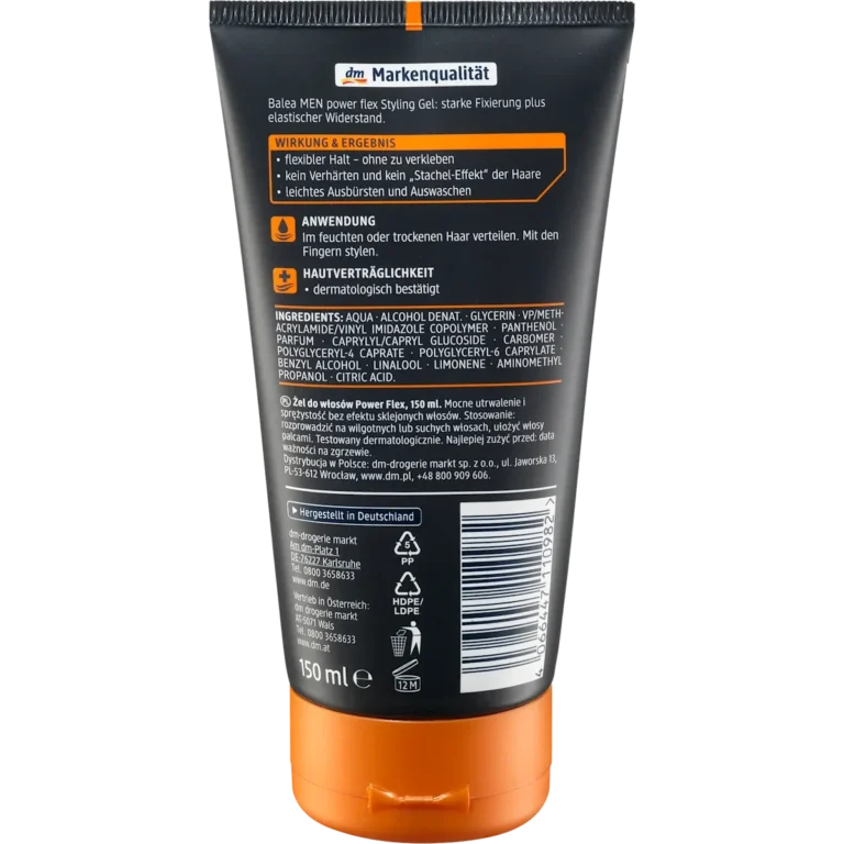 Balea Men Power Flex hair gel packaging back ingredients