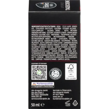 Balea MEN Lift Effect SPF 30 face cream back label with ingredients and instructions