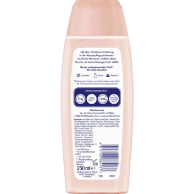 Back label of FA Shower Gel Calming Divine Moments showing ingredients and usage instructions