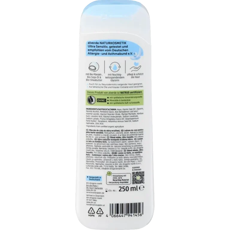 Alverde Ultra Sensitive Body Lotion, 200ml Alverde Ultra Sensitive Body Lotion, 200ml - Back with Ingredients
