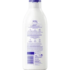 Nivea Rose Blossom Body Lotion, 400ml Back of NIVEA Rose Blossom & Care Body Lotion 400 ml showing ingredients and product information
