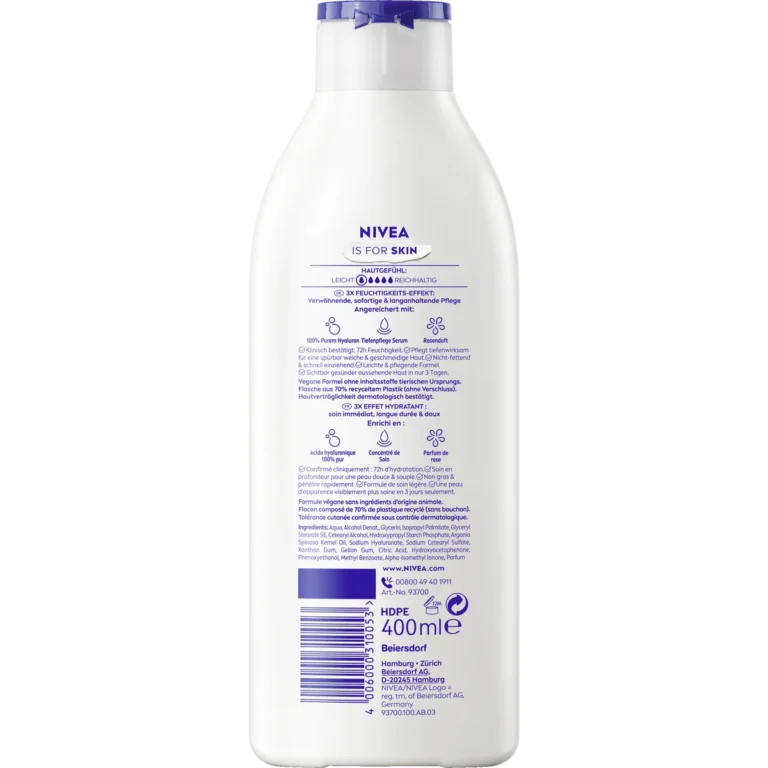 Nivea Rose Blossom Body Lotion, 400ml Back of NIVEA Rose Blossom & Care Body Lotion 400 ml showing ingredients and product information