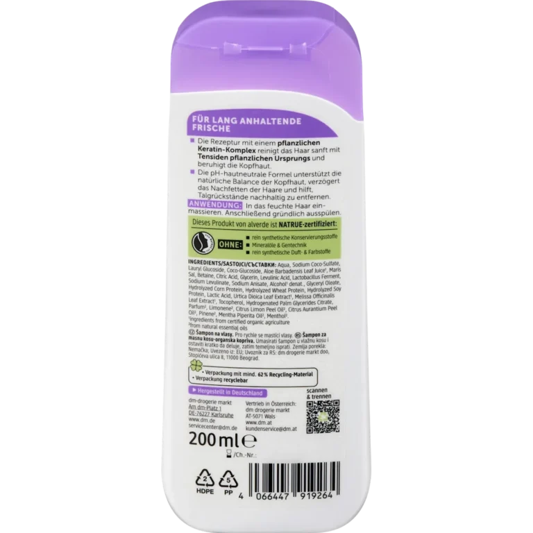 Back of alverde Anti-Grease Shampoo 200 ml with ingredients and usage information