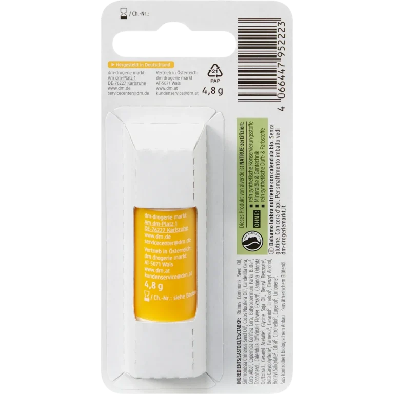 Back of Alverde Calendula Lip Balm 4.8 g showing ingredients and product information