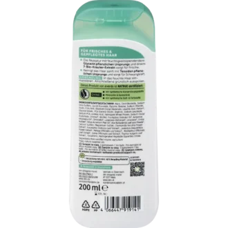 Back of alverde Herbal Shampoo 200 ml with ingredients and usage information