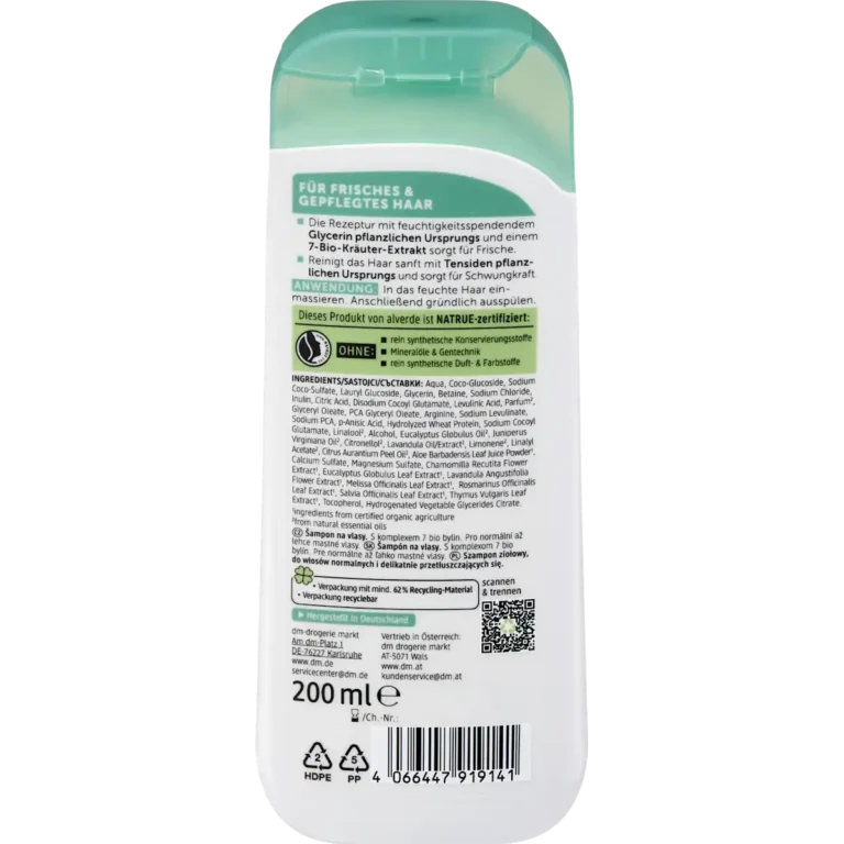 Alverde Shampoo 7 Organic Herbal, 200 ml Back of alverde Herbal Shampoo 200 ml with ingredients and usage information