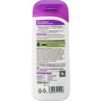 Back of alverde Repair & Care Shampoo 200 ml with ingredients and usage information
