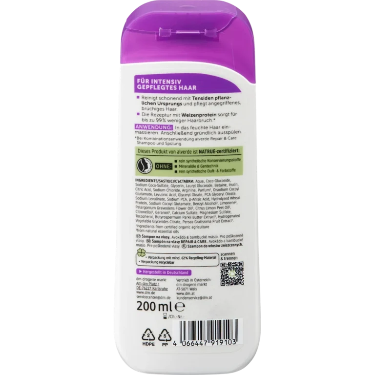 Back of alverde Repair & Care Shampoo 200 ml with ingredients and usage information