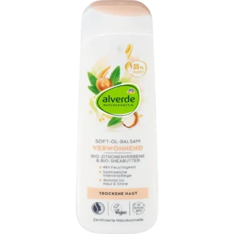 alverde Soft Oil Body balm with organic lemon verbena and shea butter 250 ml front packaging