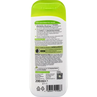 Back of alverde Strength & Power Shampoo 200 ml with ingredients and usage information