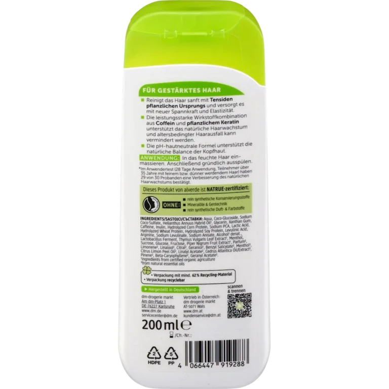 Back of alverde Strength & Power Shampoo 200 ml with ingredients and usage information
