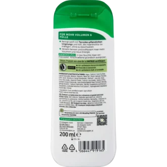 Back of alverde Volume Shampoo 200 ml with ingredients and usage information