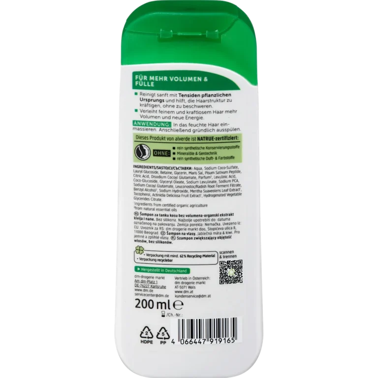 Back of alverde Volume Shampoo 200 ml with ingredients and usage information