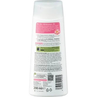 Back of Alverde Wild Rose Mild Cleansing Milk 200 ml showing ingredients and product information