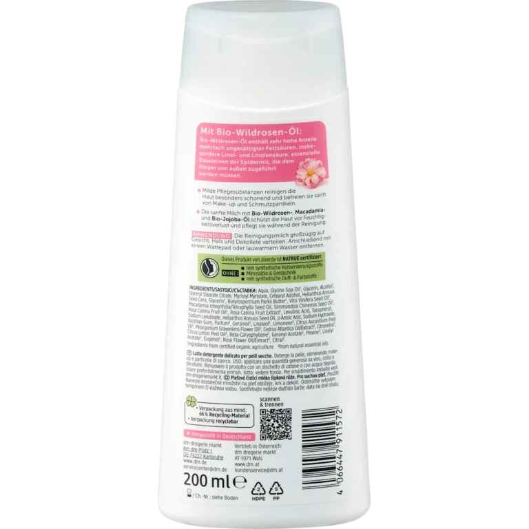 Back of Alverde Wild Rose Mild Cleansing Milk 200 ml showing ingredients and product information