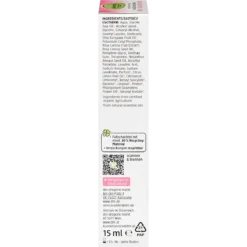 Back of Alverde Wild Rose Eye Cream 15 ml showing ingredients and product information