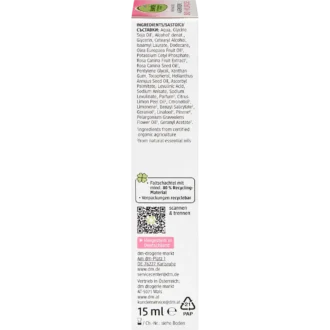 Back of Alverde Wild Rose Eye Cream 15 ml showing ingredients and product information