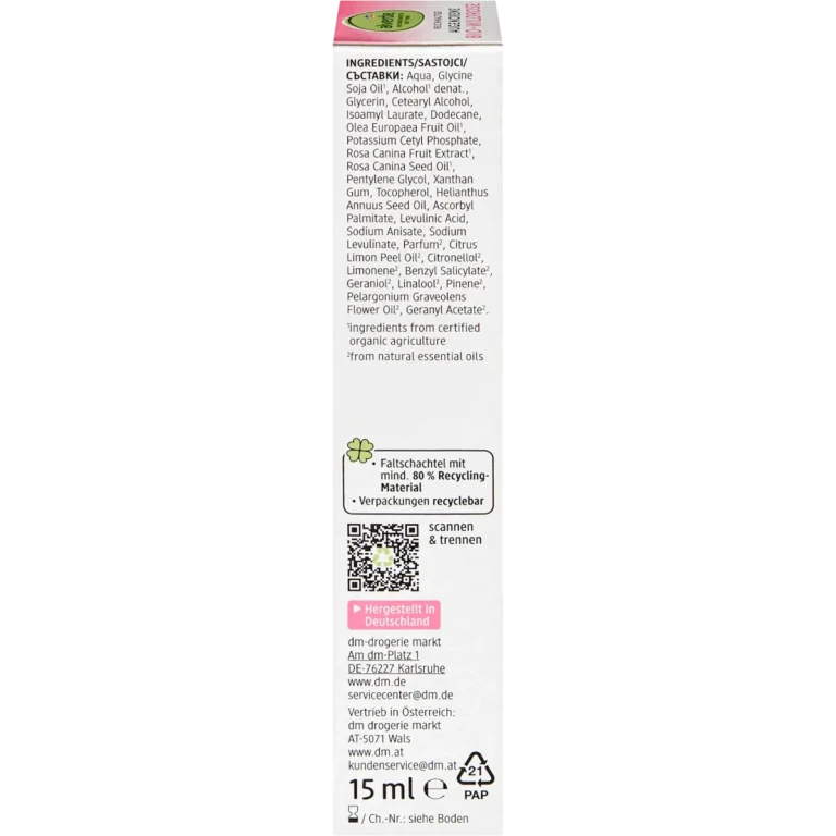 Back of Alverde Wild Rose Eye Cream 15 ml showing ingredients and product information