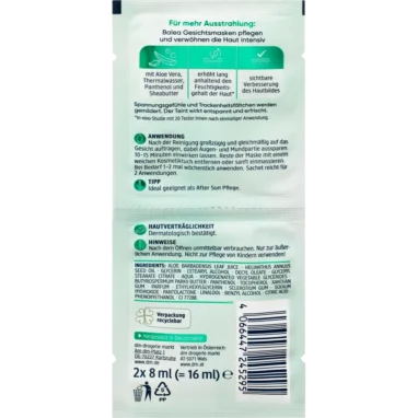 Balea Aloe Vera Face Mask, 2x8ml - Backside