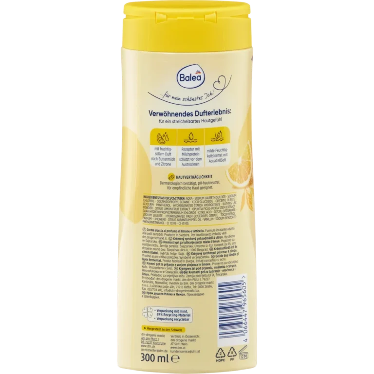 Balea Buttermilk & Lemon Cream Shower, 300ml Back of Balea Buttermilk & Lemon Cream Shower Gel 300 ml showing ingredients and product information