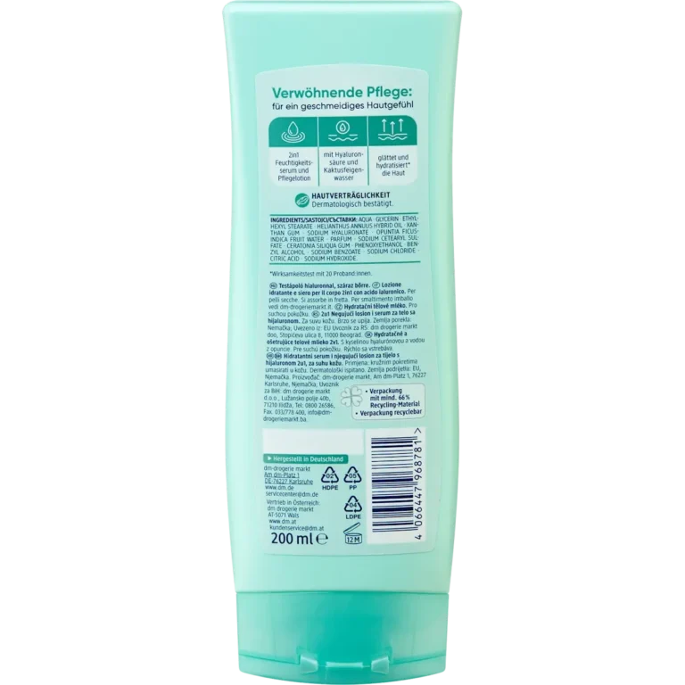 Back of Balea Hyaluronic Acid Body Lotion 200 ml showing ingredients and product information