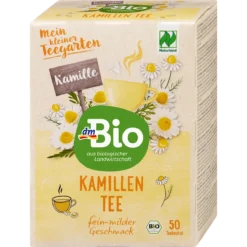 dmBio Organic Chamomile Tea, 50 tea bags, 75 g – front view of the box