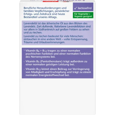 Doppelherz Lavender Extract, 30 Tablets Back of Doppelherz Lavender Extract + Oil packaging showing ingredients, nutritional information and dosage instructions