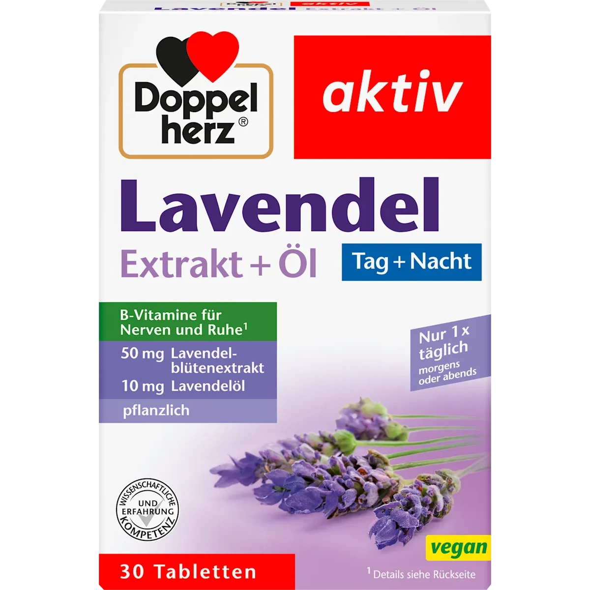 Doppelherz Lavender Extract, 30 Tablets Doppelherz Lavender Extract + Oil, 30 tablets, front of product packaging
