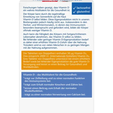 Back label of Doppelherz Vitamin D3 Mini-Tablets showing ingredients and usage instructions