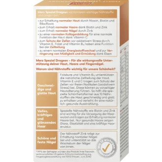 Merz Spezial Dragees packaging back, showing ingredients, nutrition facts, and dosage instructions