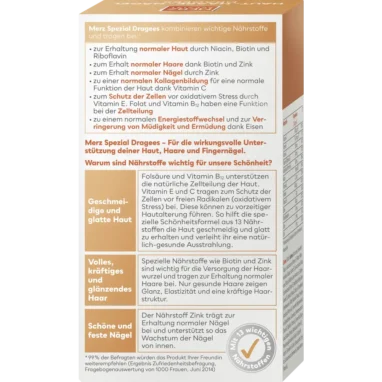Merz Spezial Dragees packaging back, showing ingredients, nutrition facts, and dosage instructions