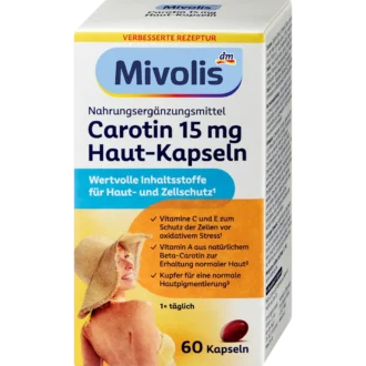 Mivolis Carotene 15 mg Skin Capsules, 60 Capsules Mivolis Carotene 15 mg Skin Capsules with beta-carotene, vitamins and copper, 60 capsules