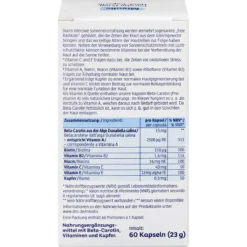 Mivolis Carotene 15 mg Skin Capsules back packaging with nutrition and ingredient information