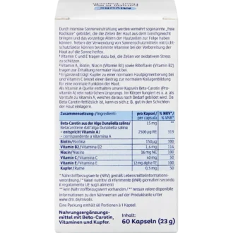 Mivolis Carotene 15 mg Skin Capsules back packaging with nutrition and ingredient information
