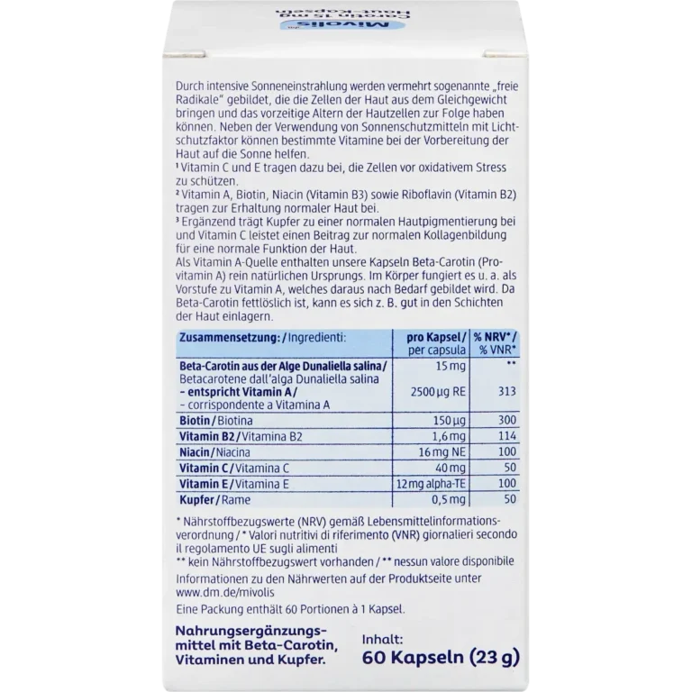 Mivolis Carotene 15 mg Skin Capsules back packaging with nutrition and ingredient information