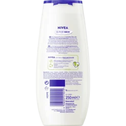 Back of NIVEA Cashmere & Cottonseed Oil Shower Gel 250 ml showing ingredients and product information