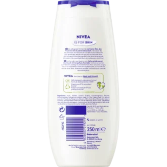 Back of NIVEA Cashmere & Cottonseed Oil Shower Gel 250 ml showing ingredients and product information